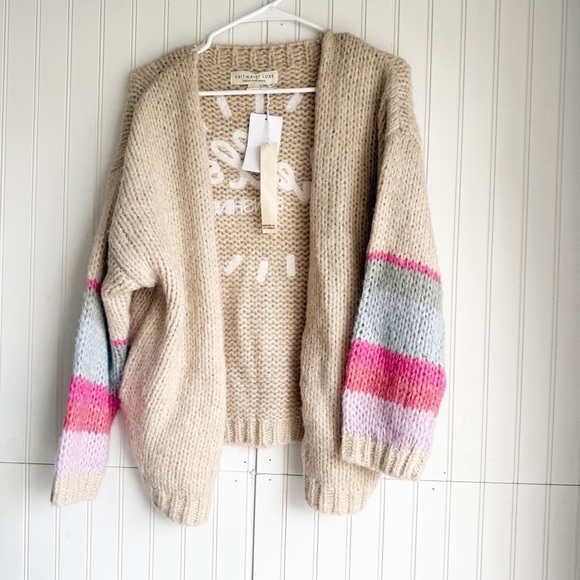 Saltwater Luxe Size L Hello Sunshine Cardigan Sweater in Beige and Stripes NEW! - Picture 5 of 7